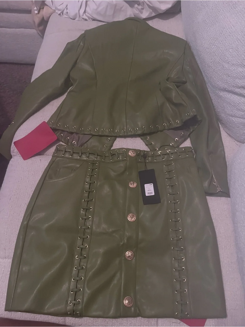Fashion Nova Downtown Vibe Lace Up Faux Mini Skirt- olive Green Faux Leather